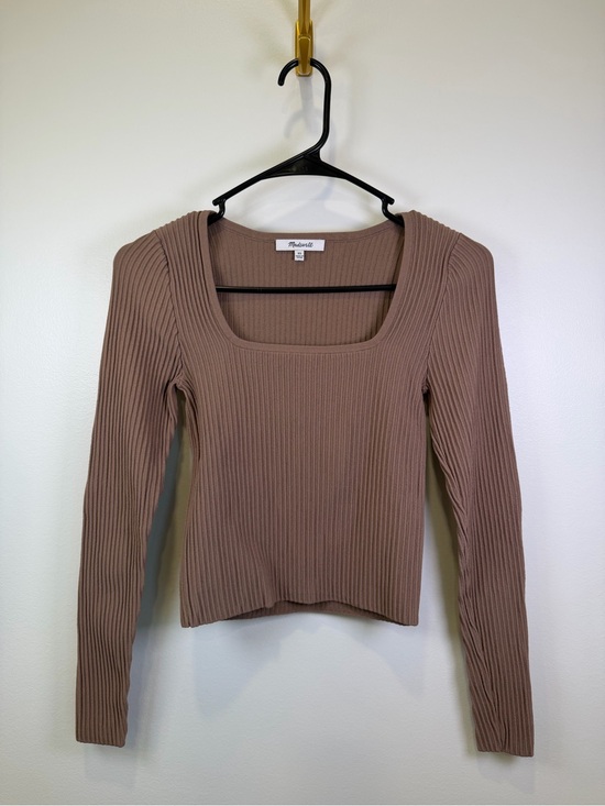 Madewell Tops - Madewell Ribbed Square Neck Long Sleeve Knit Top Taupe Brown XS Mushroom Capsule